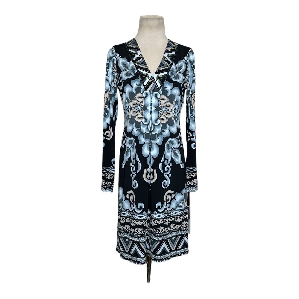 Hale Bob Tribal Black Gray Embellished  V-neck Long Sleeves Mini Dress size XS